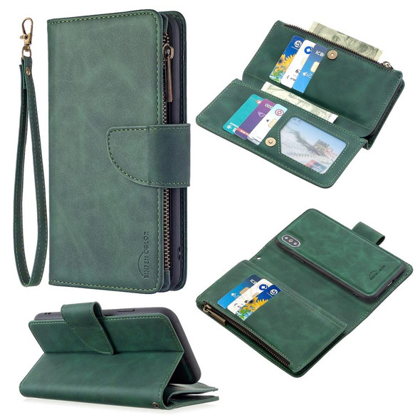 iPhone XS / X Skin Feel Detachable Magnetic Zipper Horizontal Flip PU Leather Case with Multi-Card Slots & Holder & Wallet & Photo Frame & Lanyard(Green)