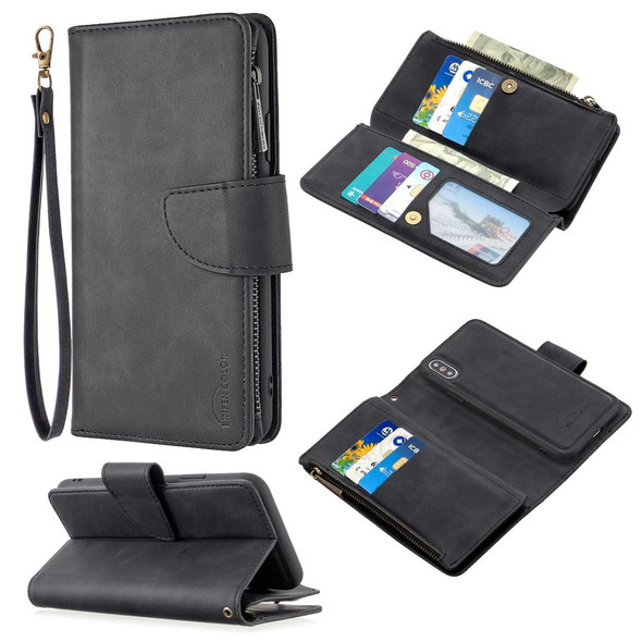 iPhone XS / X Skin Feel Detachable Magnetic Zipper Horizontal Flip PU Leather Case with Multi-Card Slots & Holder & Wallet & Photo Frame & Lanyard(Black)