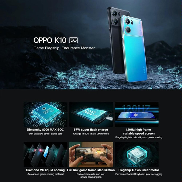 OPPO K10 5G, 8GB+256GB, 64MP Camera, Chinese Version, Triple Rear Cameras, Side Fingerprint Identification, 6.59 inch ColorOS 12.1 Dimensity 8000-MAX Octa Core up to 2.75Ghz, Network: 5G, Support Goo