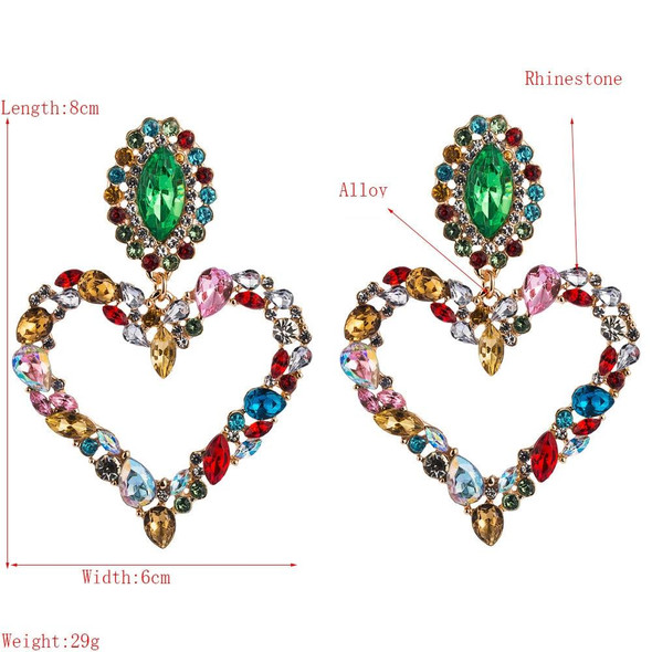 2 PCS Heart Shaped Alloy Retro Earrings With Colored Rhinestone Flashing Full Rhinestone Earrings(Red)