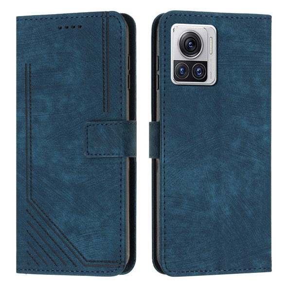 For Motorola Edge 30 Ultra / X30 Pro Skin Feel Stripe Pattern Leatherette Phone Case with Lanyard(Blue)