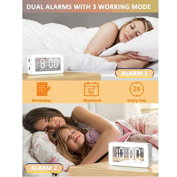 Color Changing LED Light Mirror Alarm Clock Built-in 8 Natural Music(White)