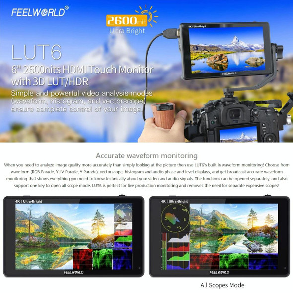 FEELWORLD LUT6 1920x1080 2600 nits 6 inch IPS Screen HDMI 4K Touch Control Camera Field Monitor