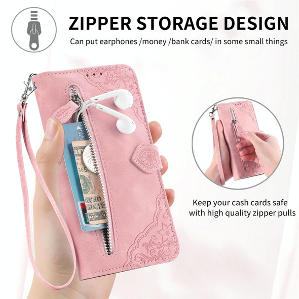 For OPPO A77 Embossed Flower Zipper Leatherette Phone Case(Pink)