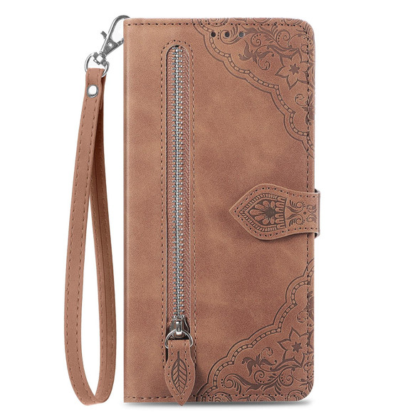 For Realme C55 Embossed Flower Zipper Leatherette Phone Case(Brown)