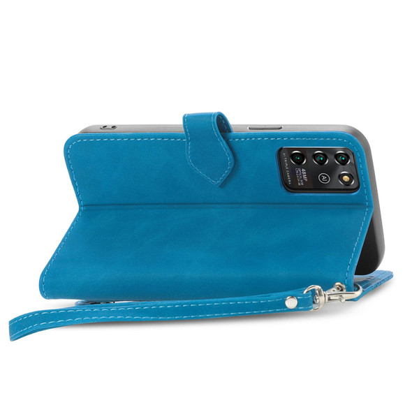 For ZTE Blade V30 Vita Embossed Flower Zipper Leather Phone Case(Blue)
