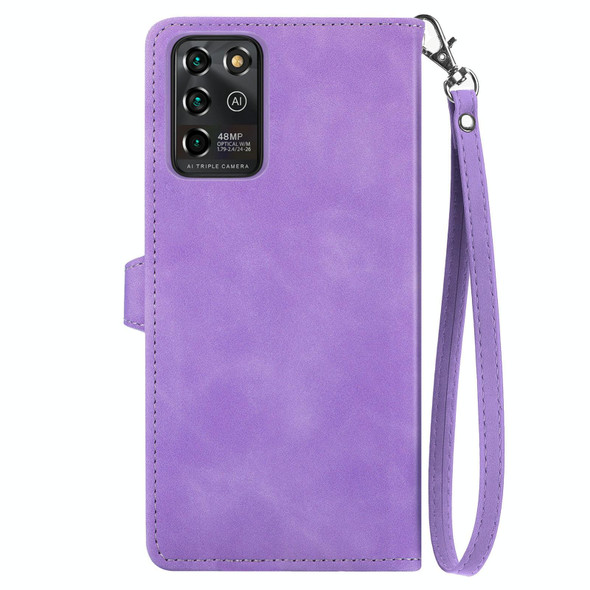 For ZTE Blade V30 Vita Embossed Flower Zipper Leather Phone Case(Purple)