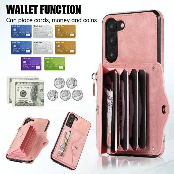 For Samsung Galaxy S21+ 5G Zipper RFID Card Slots Phone Case with Short Lanyard(Rose Gold)