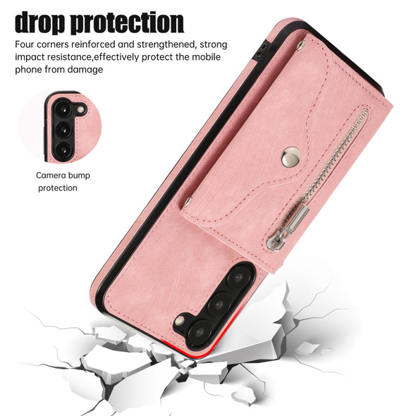 For Samsung Galaxy S22 5G Zipper RFID Card Slots Phone Case with Short Lanyard(Rose Gold)