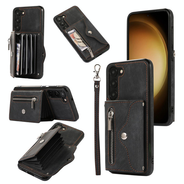 For Samsung Galaxy S21 Ultra 5G Zipper RFID Card Slots Phone Case with Short Lanyard(Black)