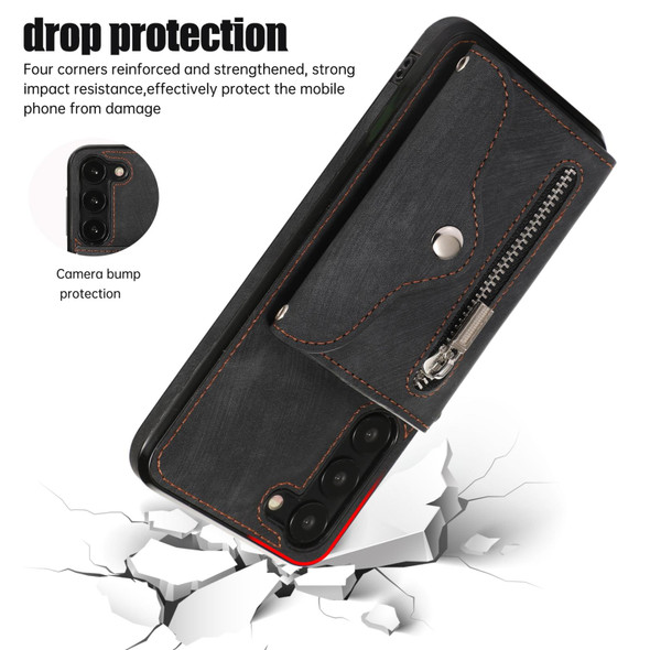 For Samsung Galaxy S21 5G Zipper RFID Card Slots Phone Case with Short Lanyard(Black)