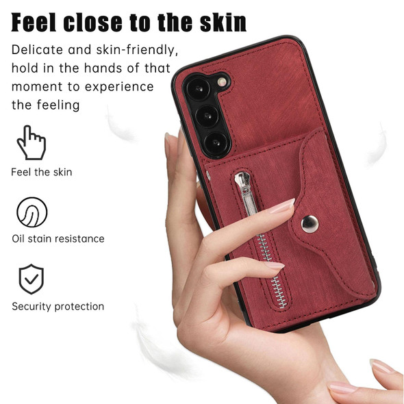 For Samsung Galaxy S21 FE 5G Zipper RFID Card Slots Phone Case with Short Lanyard(Red)