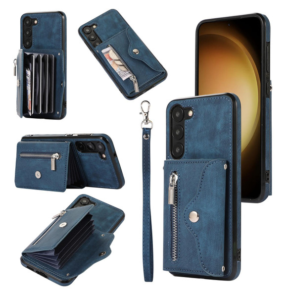 For Samsung Galaxy S21 FE 5G Zipper RFID Card Slots Phone Case with Short Lanyard(Blue)