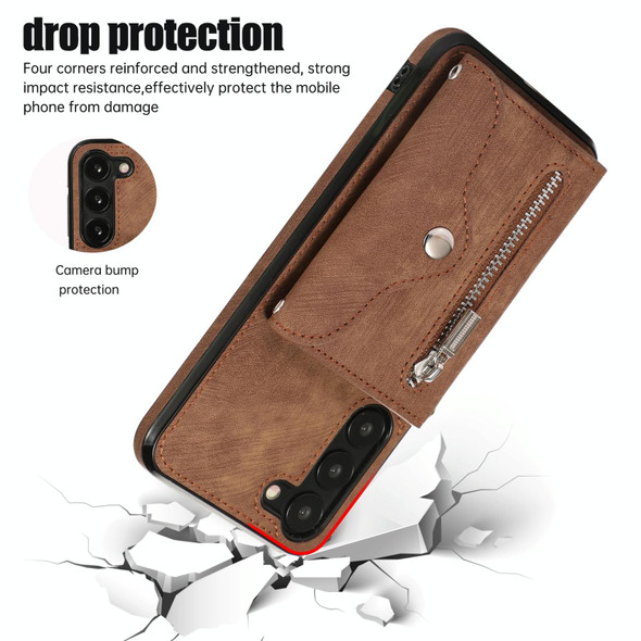 For Samsung Galaxy S21 FE 5G Zipper RFID Card Slots Phone Case with Short Lanyard(Brown)