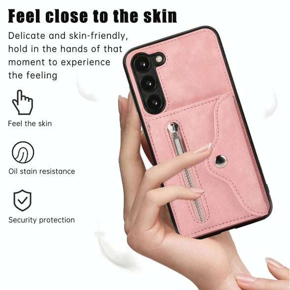 For Samsung Galaxy S21 Ultra 5G Zipper RFID Card Slots Phone Case with Short Lanyard(Rose Gold)