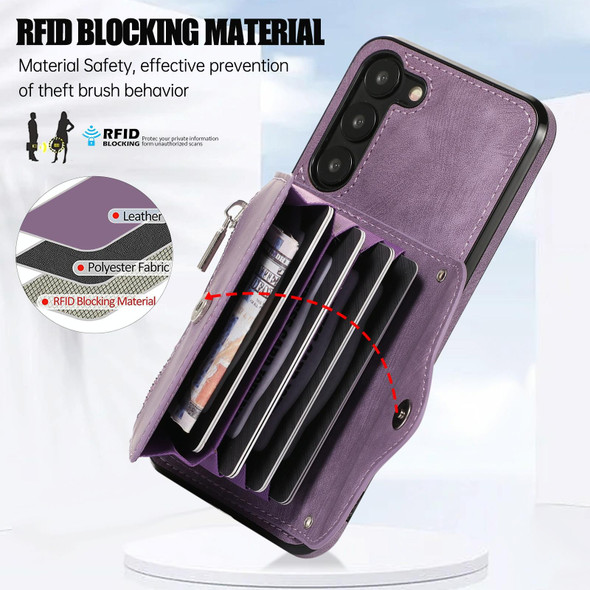 For Samsung Galaxy S21+ 5G Zipper RFID Card Slots Phone Case with Short Lanyard(Purple)