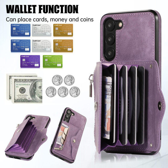 For Samsung Galaxy S21 Ultra 5G Zipper RFID Card Slots Phone Case with Short Lanyard(Purple)