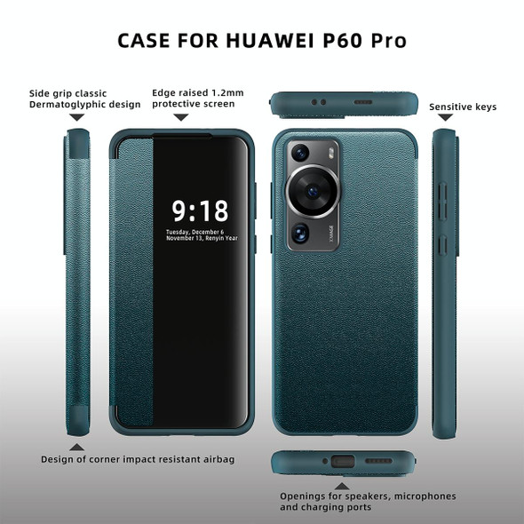 For Huawei P60 Pro Magnetic Side Window View Leatherette Smart Phone Case(Black)