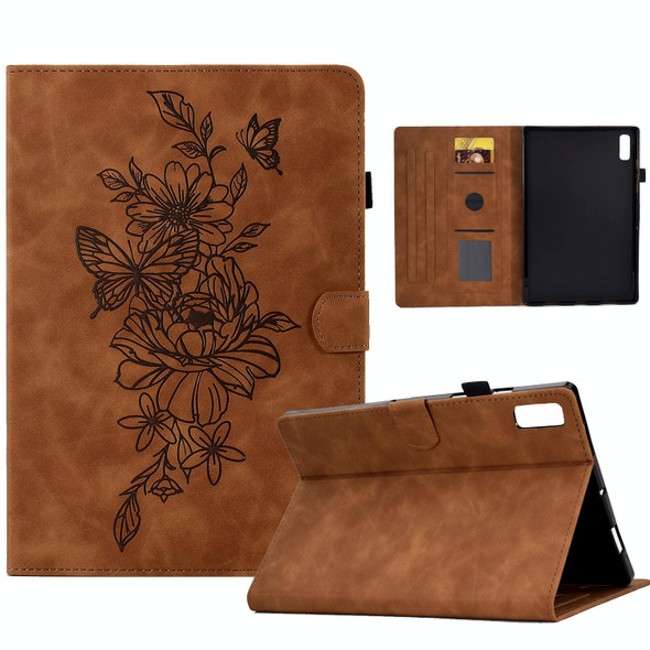 For Lenovo Tab P11 Gen 2 Peony Butterfly Embossed Leatherette Tablet Case(Brown)