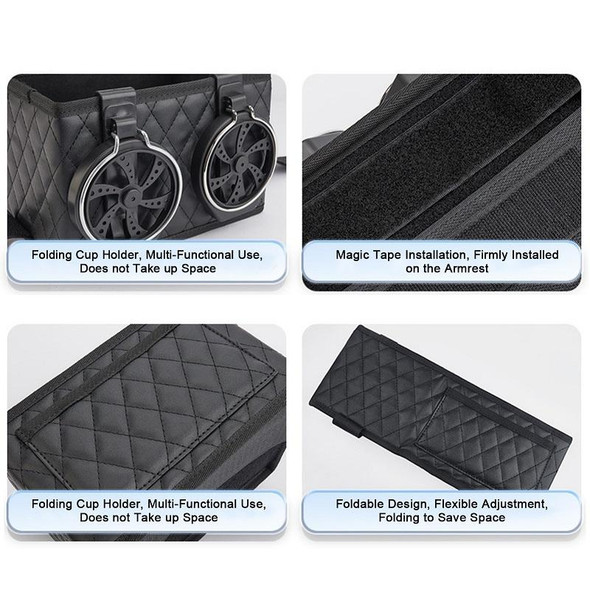 Car Armrest Box Folding Storage Box Multifunctional Water Cup Holder(Leatherette Black)