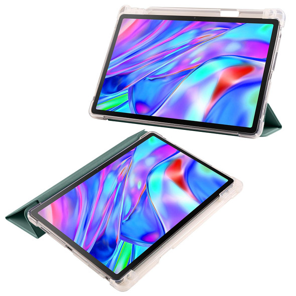 For Lenovo Pad Plus 2023 11.5 inch 3-folding ClearTPU Leatherette Tablet Case with Pen slot(Deep Green)