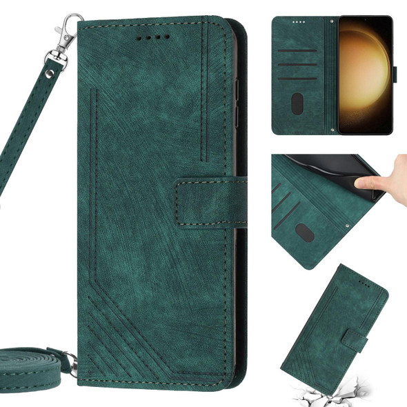For Samsung Galaxy Note20 Ultra Skin Feel Stripe Pattern Leatherette Phone Case with Lanyard(Green)