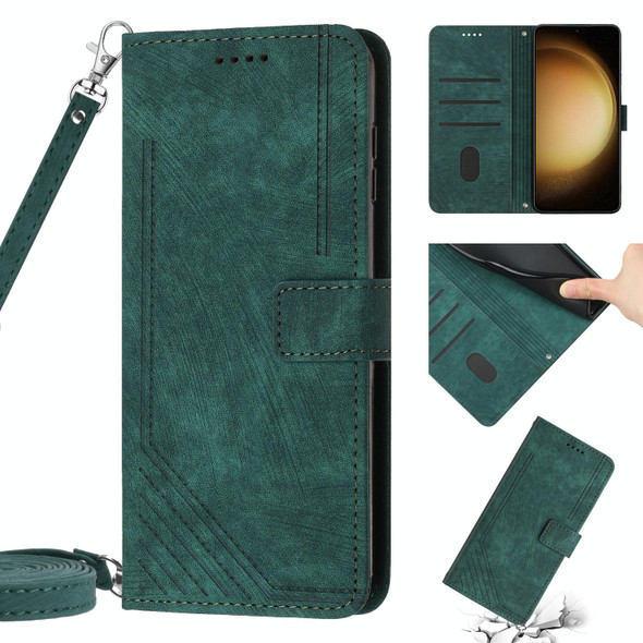 For Samsung Galaxy S10e Skin Feel Stripe Pattern Leatherette Phone Case with Lanyard(Green)