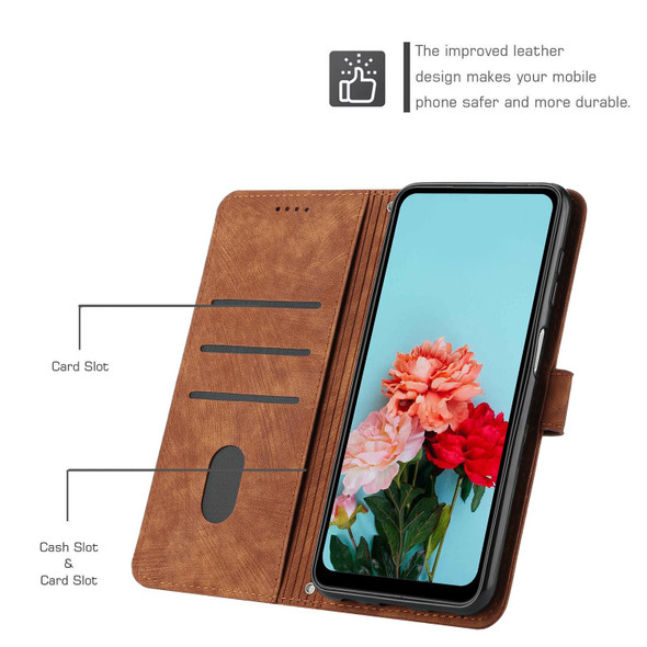 For Samsung Galaxy A21s Skin Feel Stripe Pattern Leatherette Phone Case with Lanyard(Brown)