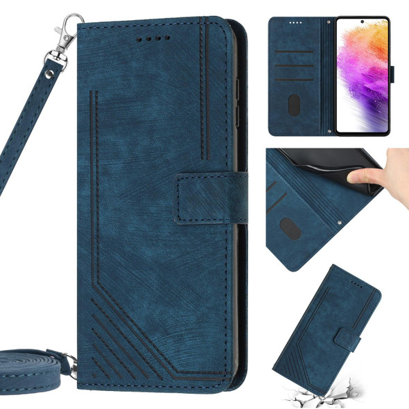 For Samsung Galaxy A52 5G&4G / A52s 5G Skin Feel Stripe Pattern Leatherette Phone Case with Lanyard(Blue)