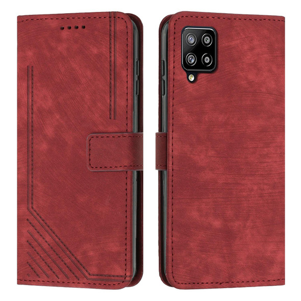 For Samsung Galaxy A22 4G / M32 4G Global Skin Feel Stripe Pattern Leatherette Phone Case with Lanyard(Red)