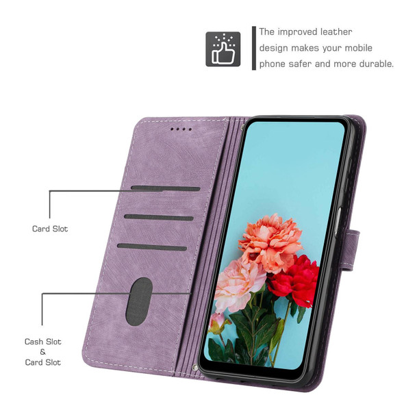 For Samsung Galaxy A42 5G / M42 5G Skin Feel Stripe Pattern Leatherette Phone Case with Lanyard(Purple)