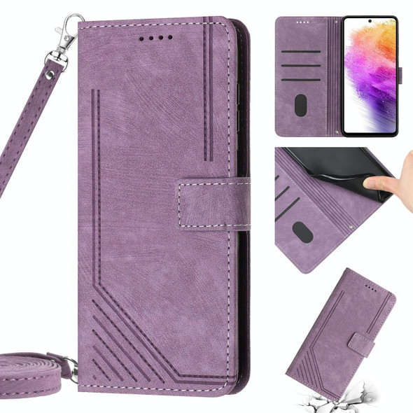 For Samsung Galaxy A72 5G / 4G Skin Feel Stripe Pattern Leatherette Phone Case with Lanyard(Purple)