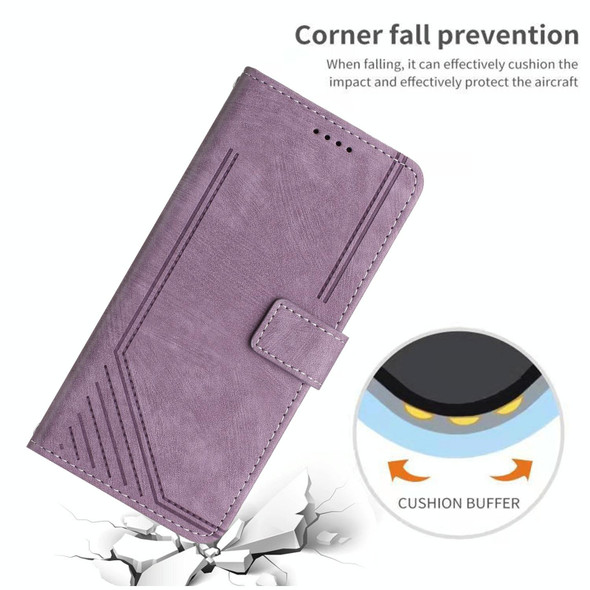 For Samsung Galaxy A72 5G / 4G Skin Feel Stripe Pattern Leatherette Phone Case with Lanyard(Purple)