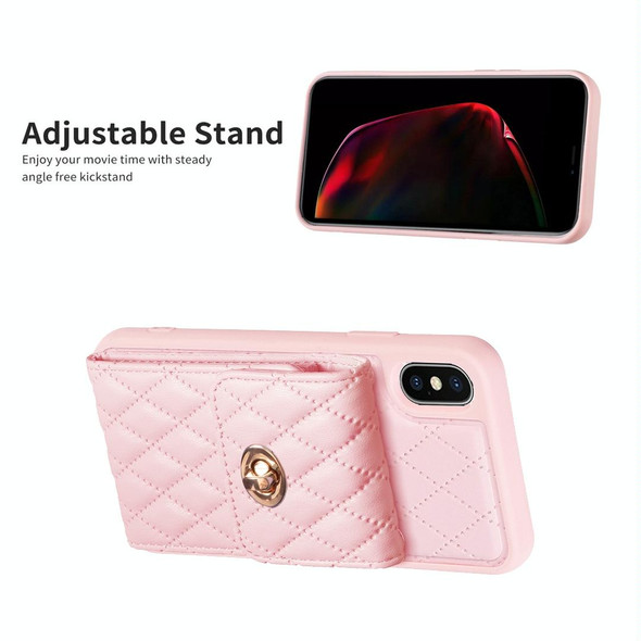 For iPhone X / XS Vertical Metal Buckle Wallet Rhombic Leatherette Phone Case(Pink)