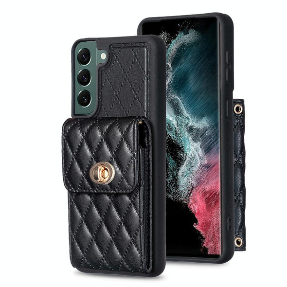 For Samsung Galaxy S22+ 5G Vertical Metal Buckle Wallet Rhombic Leatherette Phone Case(Black)