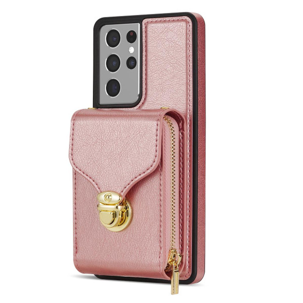 For Samsung Galaxy S21 Ultra 5G Zipper Hardware Card Wallet Phone Case(Rose Gold)