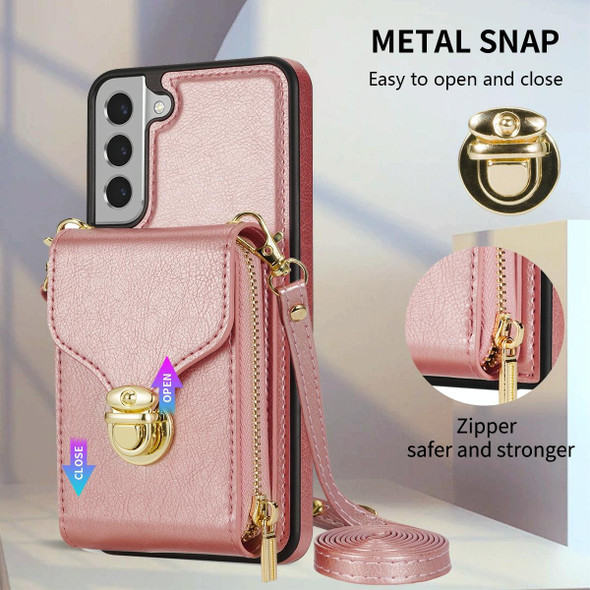 For Samsung Galaxy S21 FE 5G Zipper Hardware Card Wallet Phone Case(Rose Gold)