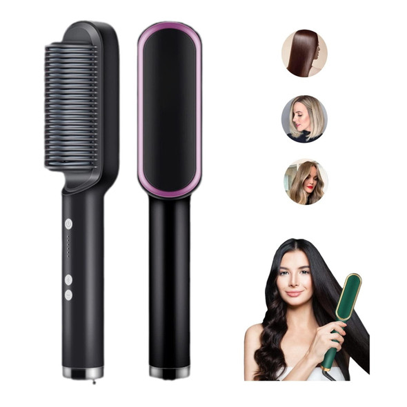 2 In 1 Hair Straightener Brush And Curler Negative Ion Hair Straightener Styling Comb(Black)