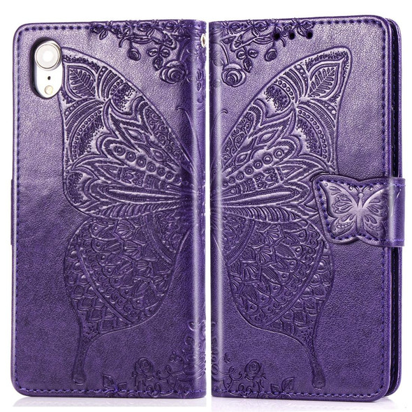 Butterfly Love Flowers Embossing Horizontal Flip Leatherette Case for iPhone XR, with Holder & Card Slots & Wallet & Lanyard (Dark Purple)