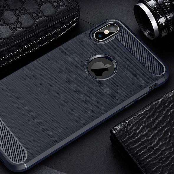 Brushed Texture Carbon Fiber Shockproof TPU Protective Back Case for  iPhone XS Max(Navy Blue)