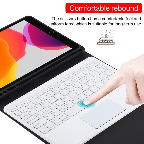 TG-102BC Detachable Bluetooth White Keyboard + Microfiber Leather Tablet Case for iPad 10.2 inch / iPad Air (2019), with Touch Pad & Pen Slot & Holder(Black)
