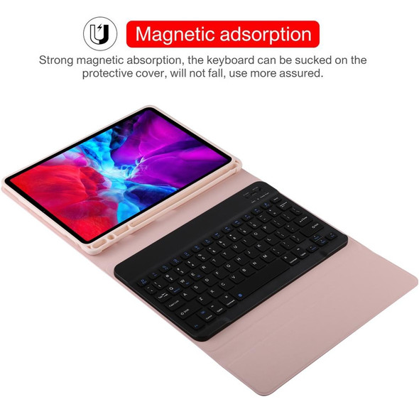 TG11B Detachable Bluetooth Black Keyboard + Microfiber Leather Tablet Case for iPad Pro 11 inch (2020), with Pen Slot & Holder (Pink)