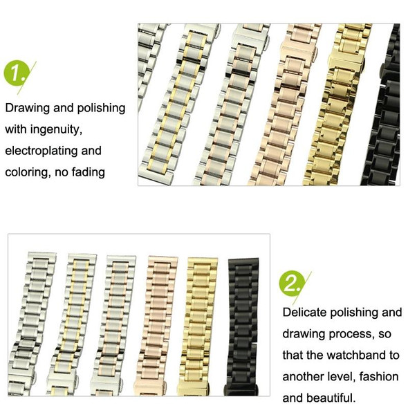 17mm Steel Bracelet Butterfly Buckle Five Beads Unisex Stainless Steel Solid Watch Strap, Color:Intermediate Gold