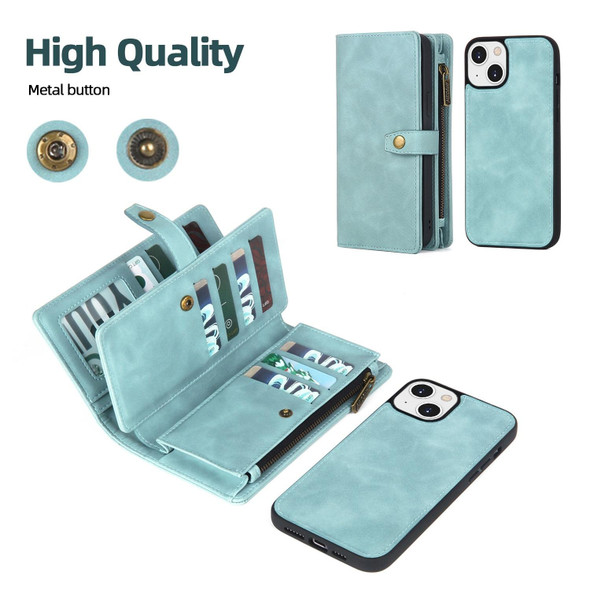 For iPhone 13 Zipper Wallet Detachable MagSafe Leatherette Phone Case(Blue)