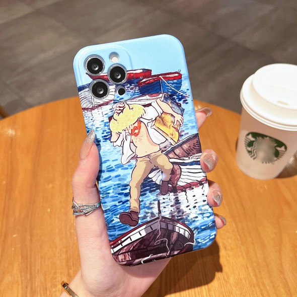 For iPhone 14 Pro Max Oil Painting Pattern Glossy PC Phone Case(Jump in the Boat)