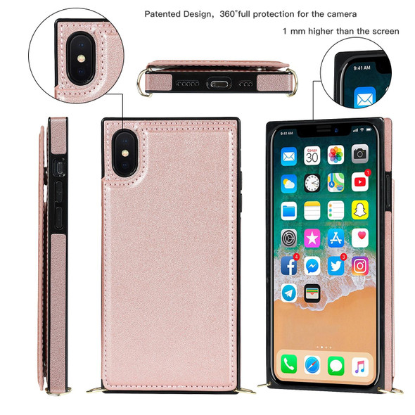 Cross-body Square Double Buckle Flip Card Bag TPU+PU Case with Card Slots & Wallet & Photo & Strap - iPhone XS / X(Rose Gold)