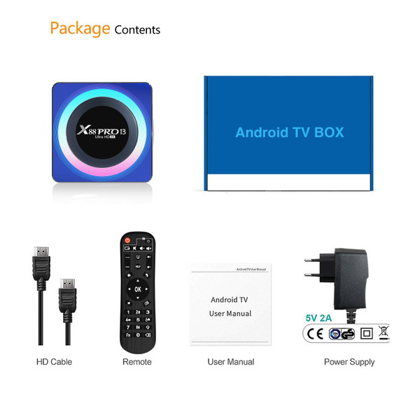 Acrylic X88 Pro 13 8K Ultra HD Android 13.0 Smart TV Box with Remote Control, RK3528 Quad-Core, 4G+64GB (US Plug)