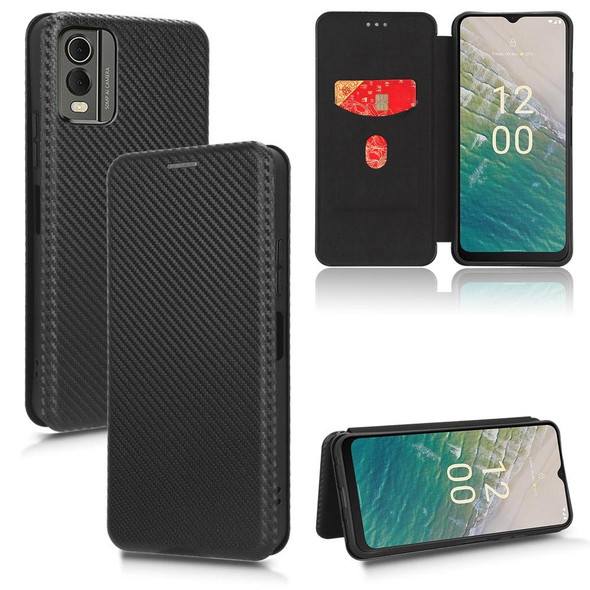 For Nokia C32 Carbon Fiber Texture Flip Leatherette Phone Case(Black)