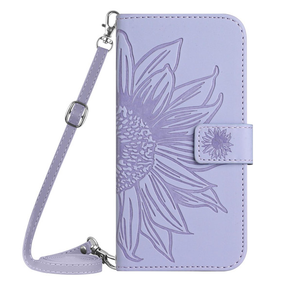 For vivo V27E 4G Global Skin Feel Sun Flower Embossed Flip Leather Phone Case with Lanyard(Purple)