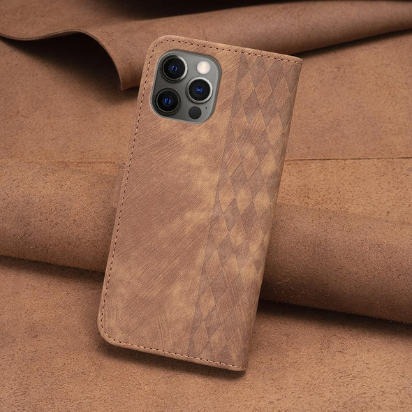 For iPhone 12 / 12 Pro Plaid Embossed Leatherette Phone Case(Brown)